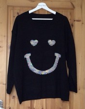 Women’s Black Fine Knit Jumper Pastel Colour Smiley Face One Size 14 16
