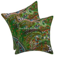 Cotton Throw Pillow Covers Bohemian Kantha Indian Paisley Set Of 2 Pillowcase