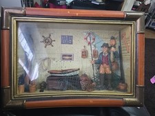 Diorama Wooden Frame Shadow Box Nautical Sailboat Boat Model, Fishing Map