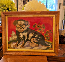 Antique Georgian Needlework Tapestry Picture Of A Pug Dog Maple Frame