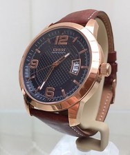 GUESS Mens Watch Brown Leather Date Watch Rose Gold Case Genuine RRP£220 (p112)