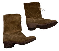 Brown Suede Calf Boots Women’s UK Size Low Block Heel Vintage Look Sherpa Lining