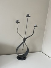 Oversized XL Candle Holder X3 Candelabra Gunmetal Grey Metal Wavy Wiggle Design