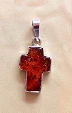 Beautiful Baltic Amber And Hallmarked Sterling Silver Small Cross Pendant