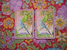 Two/pair vintage/kitsch game/playing cards - budgie/birds, green & blue in tree