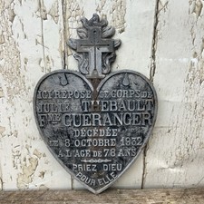 Antique French Memento Mori Cast Metal Grave Plaque Heart Cross 1932 Religious
