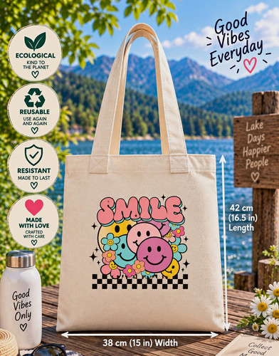 Reusable tote bag beige smile - reusable,