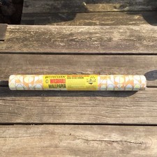 Vintage ‘60s Melody Mills Yellow Orange White Grey Geometric Wypeclean Wallpaper