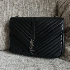 Saint Laurent College Silver Hardware Shoulder Bag Medium Black Leather