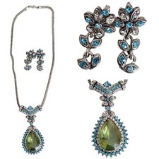 Asian Indian Costume Jewellery Necklace & Earrings Blue Green Silver