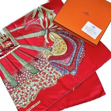 HERMES Carre 90 Silk Scarf "Ombres et Lumieres" w/Box Square 35" Red Excellent