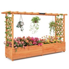 Raised Garden Bed Fir Wood Climbing Planter Box w/2-Sided Trellis & Hanging Roof