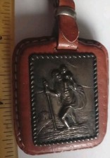 VINTAGE Keyring Leather Key Fob Brown St Christopher Saint 4 Travelling Journey 