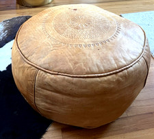 PAIR of Pouf Leather Ottomans Genuine Handmade Ochre Saffron Morocco STORAGE