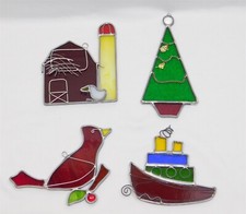 4 Stained Glass Sun Catcher Glass Barn Christmas Tree Boat Cardinal Bird