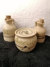 Vintage Abaty Welsh Stoneware Vinegar & Oil Bottles & Garlic Pot Great Condition