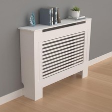 White MDF Radiator Cover 100cm Tall Modern Slat Design Heater Cabinet Shelf