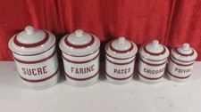 Set Of 5 Vintage French Enamel Storage Tins Jars Cannisters