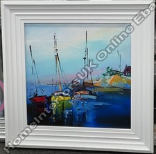 Blue waters & sailing boats wall art pictures with liquid art & white step frame