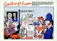 1980's Political Postcard British Naturist Beach Satire card 