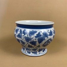 Vintage Ceramic Planter Jardiniere Blue and White Plant Pot Round Floral Pattern