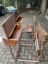 Vintage Wooden School Desk On Metal Frame