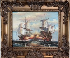 Original Maritime Oil Painting – Naval Battle Scene – Signed J. Harvey , Framed