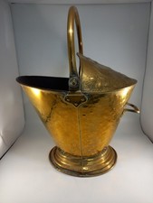 Large Embossed Brass Coal Wood Bucket Scuttle Decorative Vintage with Defect