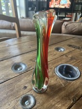 Vintage Murano Style Art Glass Twist Finger Bud Vase - RED/Green/Clear 23cm Tall