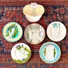 6 French Antique Asparagus Plates in Majolica...All Different!