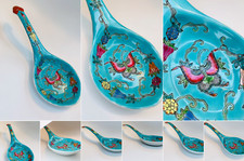 Vintage Asian Chinese Rice Spoon Noodle Soup Ladle Turquiose Lotus & Butterfly