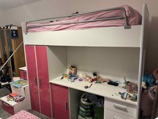 Modern High Sleeper Bunk Bed With Wardrobe Storage Stairs Desk In Pink & White