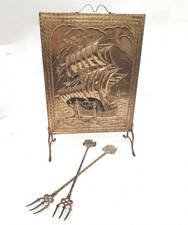 Nautical Ship Design Brass Fireguard Stand Including Two Pokers 