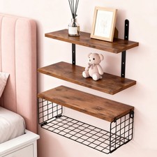 Rustic Wall Shelf Floating Wall Mounted Living Room Display Rack W/ Wire Basket