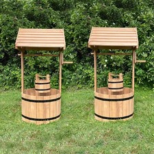 Garden Wishing Well Wooden Garden Planter Pot Ornament Large (Set of 2)