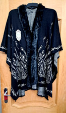 NEW Black Patterned Poncho/Shawl/Cape With Faux Fur Collar & Front Trim