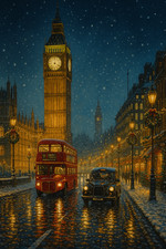 London Christmas Night Red Bus Taxi Poster Print Framed Canvas Wall Art