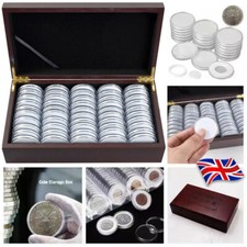 50X Coin Capsules Storage Box With Wooden Display Case Holder Collect Tray DIY