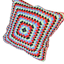 Genuine Vintage Crochet Granny Squares Cushion Cover & pad - Retro campervan