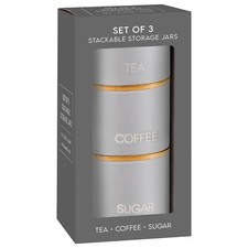 Stackable Tea Coffee Sugar Storage Jars 3Pk Round Food Canisters Great Grey