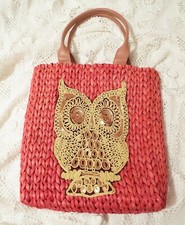 New red Raffia Straw Gold sequin owl applique Island Beach Tote Bag Handbag 