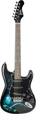 jaxville electric guitar and stand, hades style blue and black on mahogany wood 