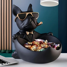 French Bulldog Statue with Glasses Key Tray Resin Organizer Home Office Decor