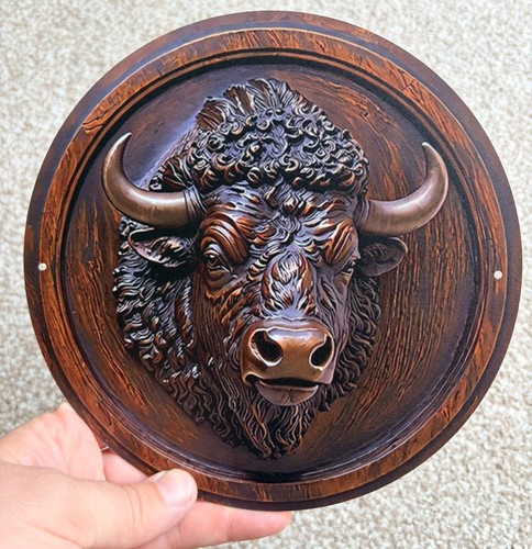 Carved wooden bison head - bison,
