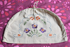 Vintage embroidered teapot cosy cover flowers floral beige tea cozy