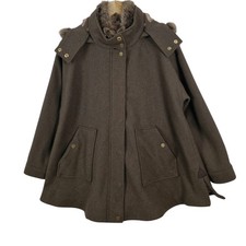 Joules Tweed Carolyn Swing Coat Green Wool Small Faux Fur Hood Country