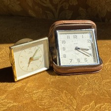 2x Vintage SMITHS Retro Alarm Clocks Pigskin Travel Case Alarmette