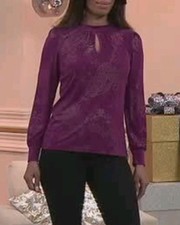 Kim & Co Foil Paisley Brazil Jersey Long Blouson Sleeve Top, Wineberry, Size S