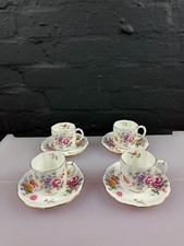 4 Royal Crown Derby Posies Coffee Cups and Saucers 2nd Quality Green Stamps Set