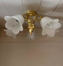 Vintage Brass & Opaque White Glass Five Arm Chandelier Pendant Ceiling Light